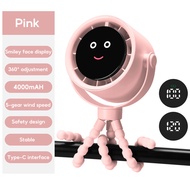 OATSBASF Portable 4000mAh Cute Octopus Stroller Fan Mute Pram Fan With LED Smiley Emoji Digital Disp