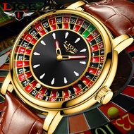 LIGE Men Watch Fashion Lucky Roulette Leather Watch Waterproof Luminous Quartz Watch