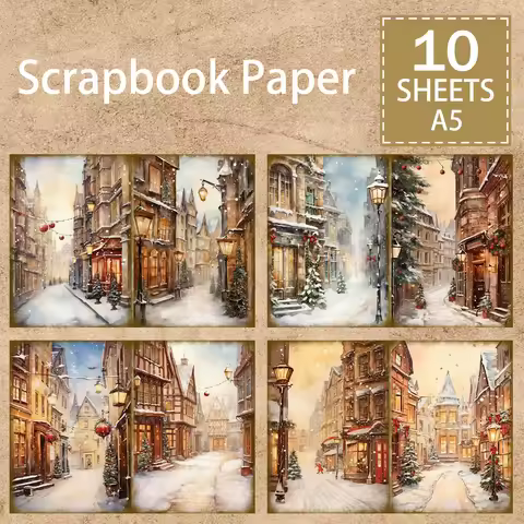 10 Sheets A5 Size Christmas Snow Street View House Street View Background Vintage Grunge Journal Pla