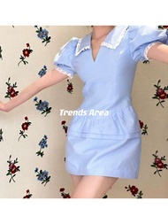 Trends Area Customized SST Puff Sleeve Baby Blue V-neck High Waist Lace Doll Collar Dress