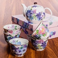現貨美濃燒日本進口和藍陶瓷花卉繁花櫻花茶壺茶杯套裝新婚禮物
