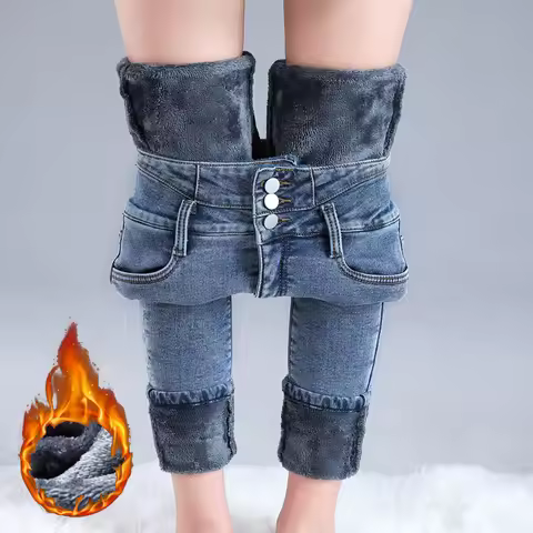 Women Thermal High Waist Jeans Winter Snow Warm Plush Stretch Jeans Lady Skinny Thicken Students Den