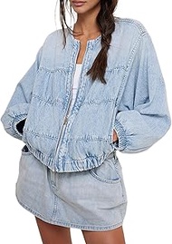 Womens Cropped Jean Jacket Oversized Zipped Long Sleeves Demin Jacket