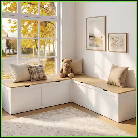 L Shaped Breakfast Nook Bench with Hidden Storage, Oak Storage Bench for Dining Room
