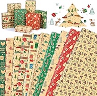 HOWAF 10 Sheets Christmas Wrapping Paper, Recyclable Kraft Gift Wrapping Paper with Christmas Tree Candy Cane Berry Elk Design for Xmas Holiday New Year Present Wrapping Decor Supplies