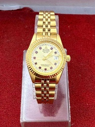 ELGIN DATE Quartz DELUXE SWISS ตัวเรือนทองชุบ นาฬิกาผู้หญิง มือสองของแท้