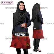 Jersey Muslimah Batik Negaraku Malaysia Merdeka 2024 New Design Black and Red Bule Flower Couple Set Baju Perempuan Baju Lelaki Plus Size Long Sleeve Baju T Shirt Muslimah Jersey