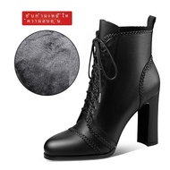 เสื้อท่อนบน ชั้น Cowhide Martin รองเท้าบูท Tie ส้นหนารอบ Toe รองเท้าส้นสูงรองเท้าสั้นสําหรับผู้หญิง