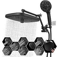 Psylc 10 Inch Rain Shower Head With Handheld Spray (10+9 Settings), High-Pressure Rainfall Shower Head Combo With 3-Way Diverter, Height/Angle Adjustable Extension Shower Arm(Matte Black)