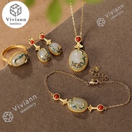Viviann Original S925 sterling silver gold plated cloisonne Hetian Jade Chinese style Vine Lady rings ear studs bracelet pendant charm female silver Jewelry Set Necklace For Women Amulet Gifts Bangle
