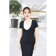 1-layer black vest with short sleeves, round neck, 2 lapels and pockets AVL0113DE