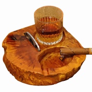 Wooden Cigar Ashtray with Whiskey Glass Tray and Cigar Cutter Holder, Cigar Accessories Gift for Men