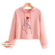 HAND LOVE HOODIE sweater wanita sweater hoodie crop lengan panjang Fleece Hitam