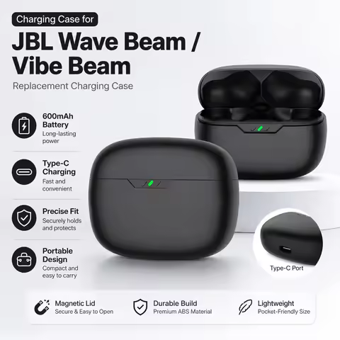 Earbuds Charging Case Replacement for JBL Wave Beam/Vibe Headphones ABS USB C Earbuds Charger Case w