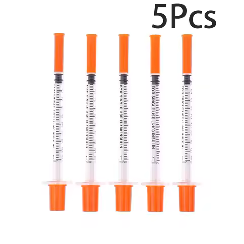5Pcs 0.3/0.5/1ML Disposable Plastic Veterinary Syringe Orange Cap Sterile Insulin Syringe With Needl