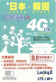 Lucky Sim 日本 韓國 超極速 4G LTE 8日無限數據卡