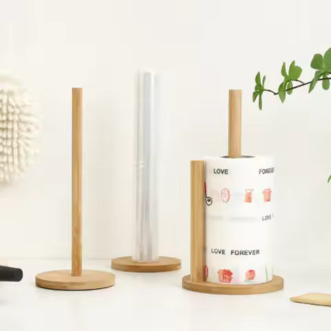 1PC Bamboo Paper Towel Holder Kitchen Dining Room Vertical Wooden Paper Roll Organizer Cling Film Ho