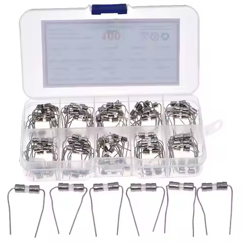 100pcs 10value 3.6*10mm 250V Double Iron Cap Axial Slow Glass Fuse kit Box With Lead Wire 0.5A 1A 2A