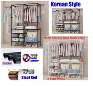 DIY Open Closet Wardrobe Cabinet Style Multipurpose Metal Clothes Dual Rack Cloth Drying Rack Multiple Storage Almari Baju Pakaian Besi Almari Hiasan
