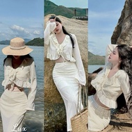 Mesh Lace Set with Ruffle Neck and 2-Layer Fishtail Skirt, Luxurious and Sexy Beach Style - alienclo