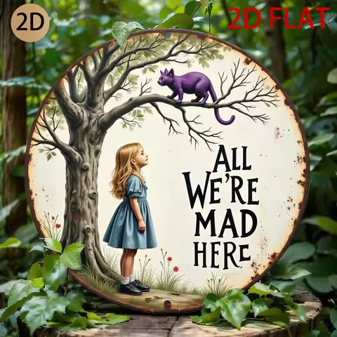 HD Aluminum Metal Sign, All We're Mad Here Alice In Wonderland Round Wall Decor, Retro Cheshire Cat 