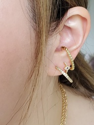 925 純銀耳針 螺旋紋雙圈耳環 ~ 鑲鑽耳掛 ~ 雙層耳骨夾