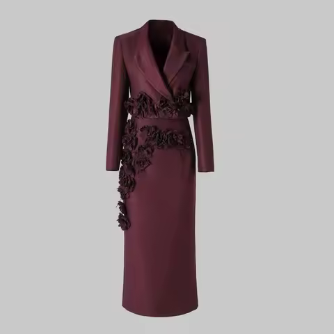 BESTBAFU Designer Formal Suit Women Autumn 3d Floral Short Jacket+High Waisted Long Skirt Solid Colo