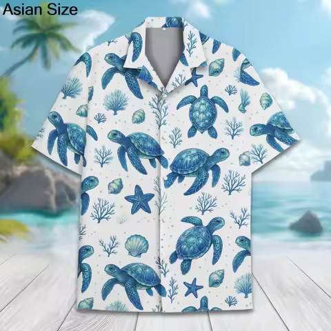 Sea Turtle Hawaiian Shirt For Unisex Ocean Animal Beach Shirt Short Sleeve Cute Turtle Summer Vacati