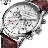 LIGE นาฬิกาผู้ชาย​ของขวัญสุดหรูแบรนด์ชั้นนำนาฬิกากันน้ำกีฬานาฬิกาโครโนกราฟควอตซ์หนังแท้ทหารนาลิกาข้อมือ