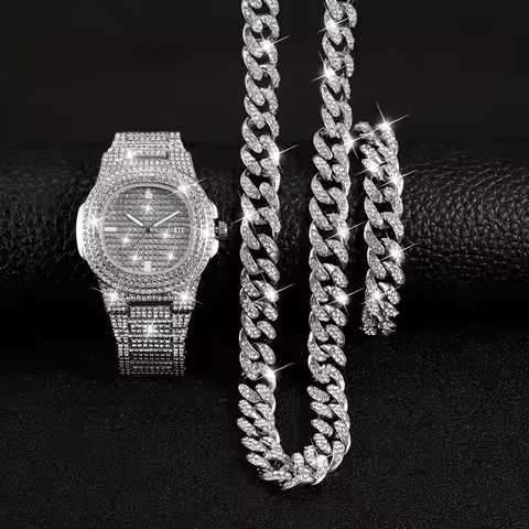 12mm Cuban Chain With Watch Set Gift Box Men's Ice Inlaid Necklace Bracelet Watch Set Hip Hop Chain 