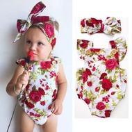 Newborn Infant Baby Girls Ruffle Sleeveless Romper Floral Square Collar Button Bodysuit + Headband