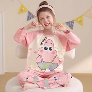 Ready Stock New Style Girls Long-Sleeved Suit Pajamas Western Style Fashionable Cartoon Big Kids Gir