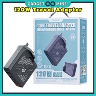 RMAX RP-U107 Mecha Warrior 120W Gan Penyesuai Perjalanan Kelabu Palam UK 3 Jenis C Output USB