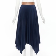 LOEWE brown cowhide leather white topstitched belt navy pleated midi skirt FR34 XS