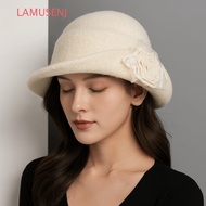 LAMUSENJ Hepburn Style Topper Hat, Floral Lace Black Knitted Hat, Retro French Style Woolen Wide Bri