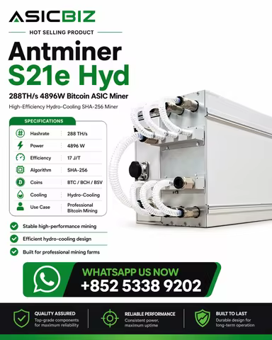GO _ BU 2 GET 1 FREE _ Newest Bitmain Antminer S21e Hyd 288TH/s 4896W Bitcoin ASIC Miner — 17J/TH En