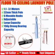 Floor to Ceiling Pole 3.1m 6 Hooks White Adjustable Space Saver Wide Application