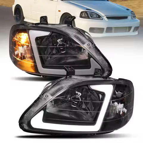 LED Tube Black Headlights w/Amber Reflector For 1999-2000 Honda Civic 1.6L