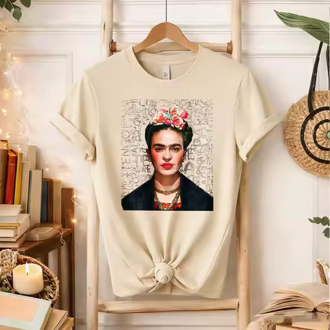 Frida Kahlo T-Shirt Women Typography Background Portrait Graphic Tee Vintage Mexican Artist Casual C