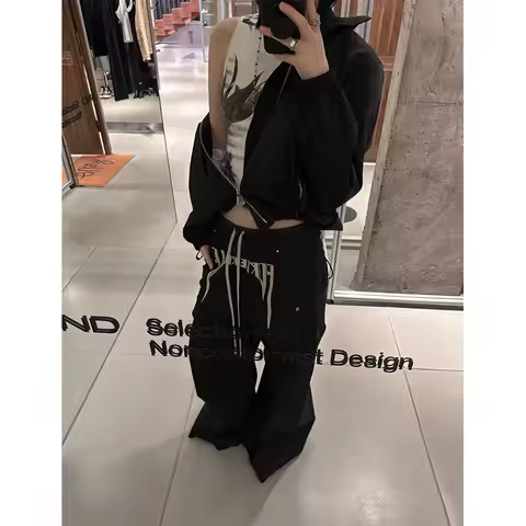 Rick Ro style dark embroidery slogan workwear silhouette wide-leg low-crotch loose casual floor-leng