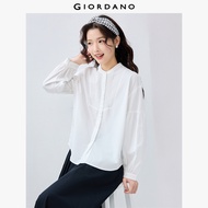 GIORDANO ผู้หญิง  เสื้อเชิ้ต 100% Cotton เสื้อเชิ้ตคอตั้ง จีบ แขนยาว เสื้อเชิ้ตแฟชั่นเรียบง่าย สุภาพ