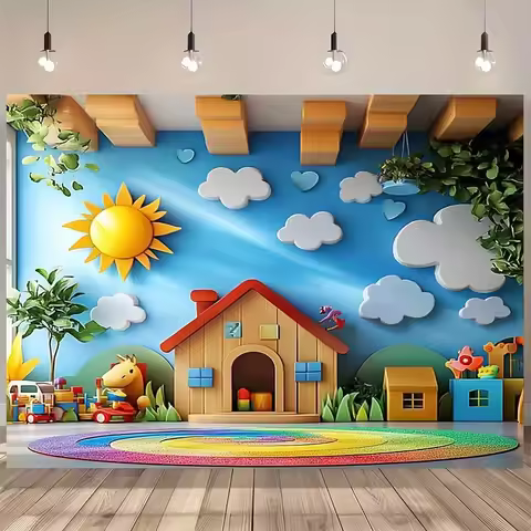2D Flat, 3D Cartoon House Sun Clouds Toys Tapestry Kids Room Decor Playful Nursery Wall Art Bright C