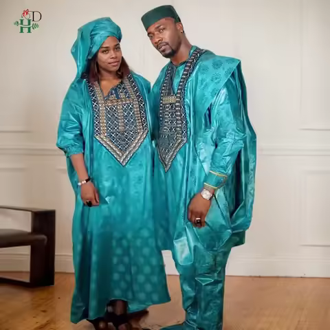 2025 New African Traditional Wear For Women Bazin Riche Dashiki Thobe For Couple Green Robe Agbada M