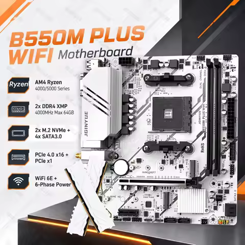 JGINYUE B550M PLUS WIFI AM4 White Motherboard Ryzen 4000 5000 DDR4 64GB 4000MHz XMP OC WiFi 6E 2xM.2
