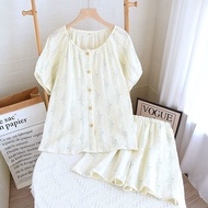 Summer New Thin Pure Cotton Gauze Cotton Yarn Short Young Slim Short-sleeved Shorts Pajamas Home Sui