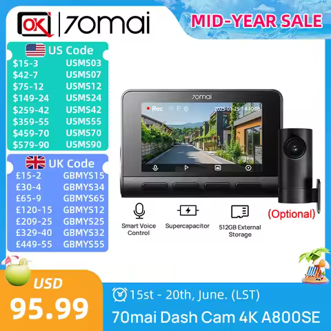 70mai 4K A800SE Dash Cam UHD 30fps HDR Support Dual-Channel 24H Parking HDR Supercapacitor Wifi 6 Vo