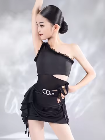 2023 Children Latin Dance Dress Girls Black Ruffled Slant Shoulder Dress Suit Cha Cha Rumba Dance Co