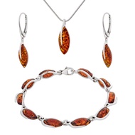 Large Women's Jewellery Set Amber 324, Polished Sterling Silver, Baltic Amber in Cognac Colour, Silv