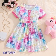 2024 Baby Girl Dress 3 4 5 6 7 8 Years Old Korean Style Button O-Neck Short Sleeve Trendy Cute Casua