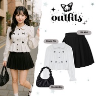 Shrenaoutfit - 3 IN 1 One Set Coquette Outfit (Ribbon Blouse + Black Short Skirt + Bag) Dating Outfi